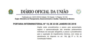 Read more about the article Publicada portaria que traz calendário para execução de emendas parlamentares 2018