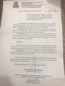 Read more about the article Reforço de isolamento social é decretado pela prefeitura de Benedito Novo, que segue alinhada com as decisões do Governo do Estado